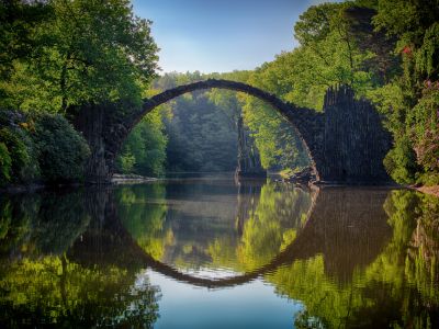 A stone bridge over a lake in the woods